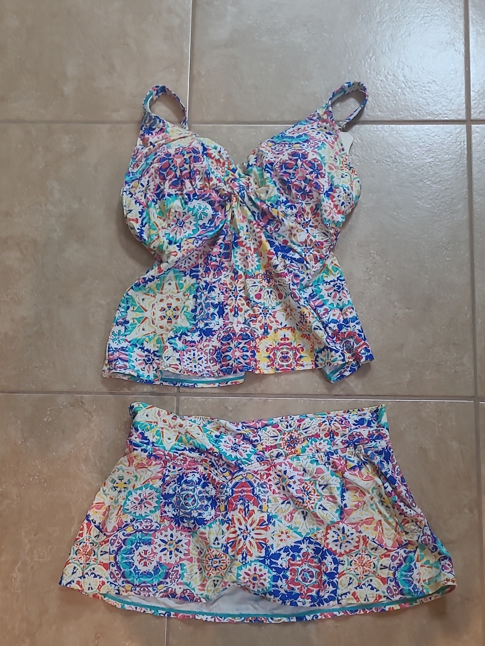 Multicolor Printed Bandeau Swim Top & Skirted Bottom - Brand Unspecified
